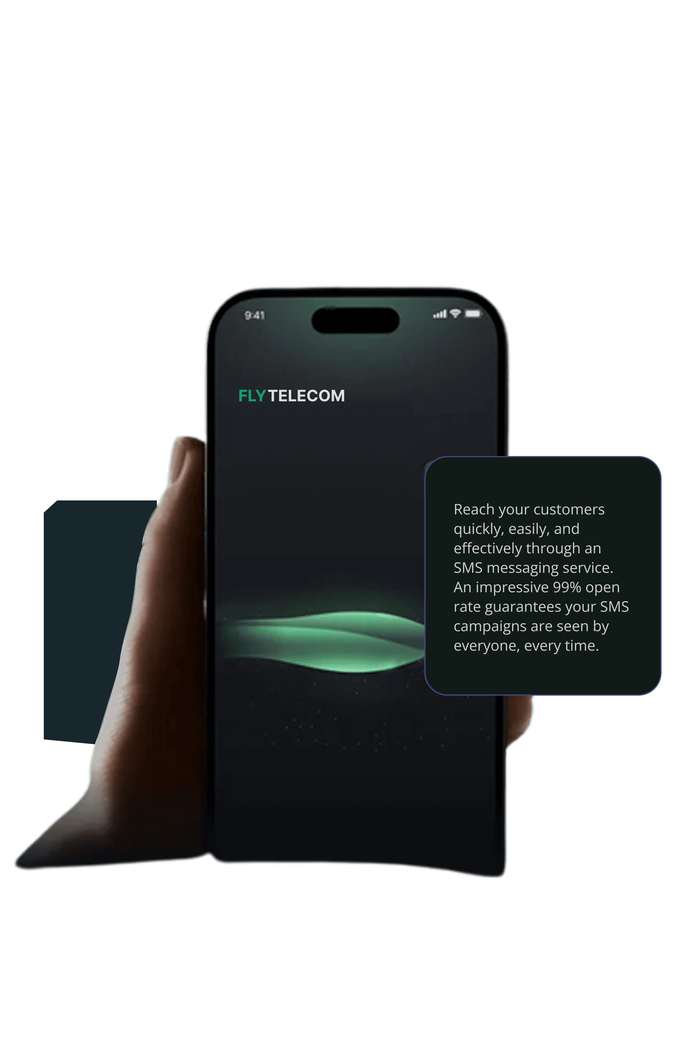 Fly Telecom SMS messaging shown on a smartphone